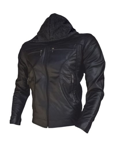 chaqueta hombre de cuero sintetico capota negro syk wear