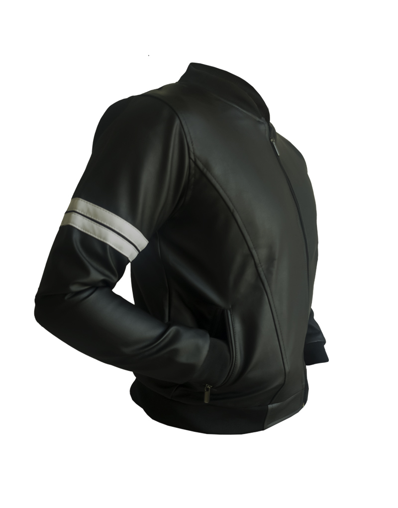 chaqueta hombre de cuero sintetico beisbolera negro perfil syk wear