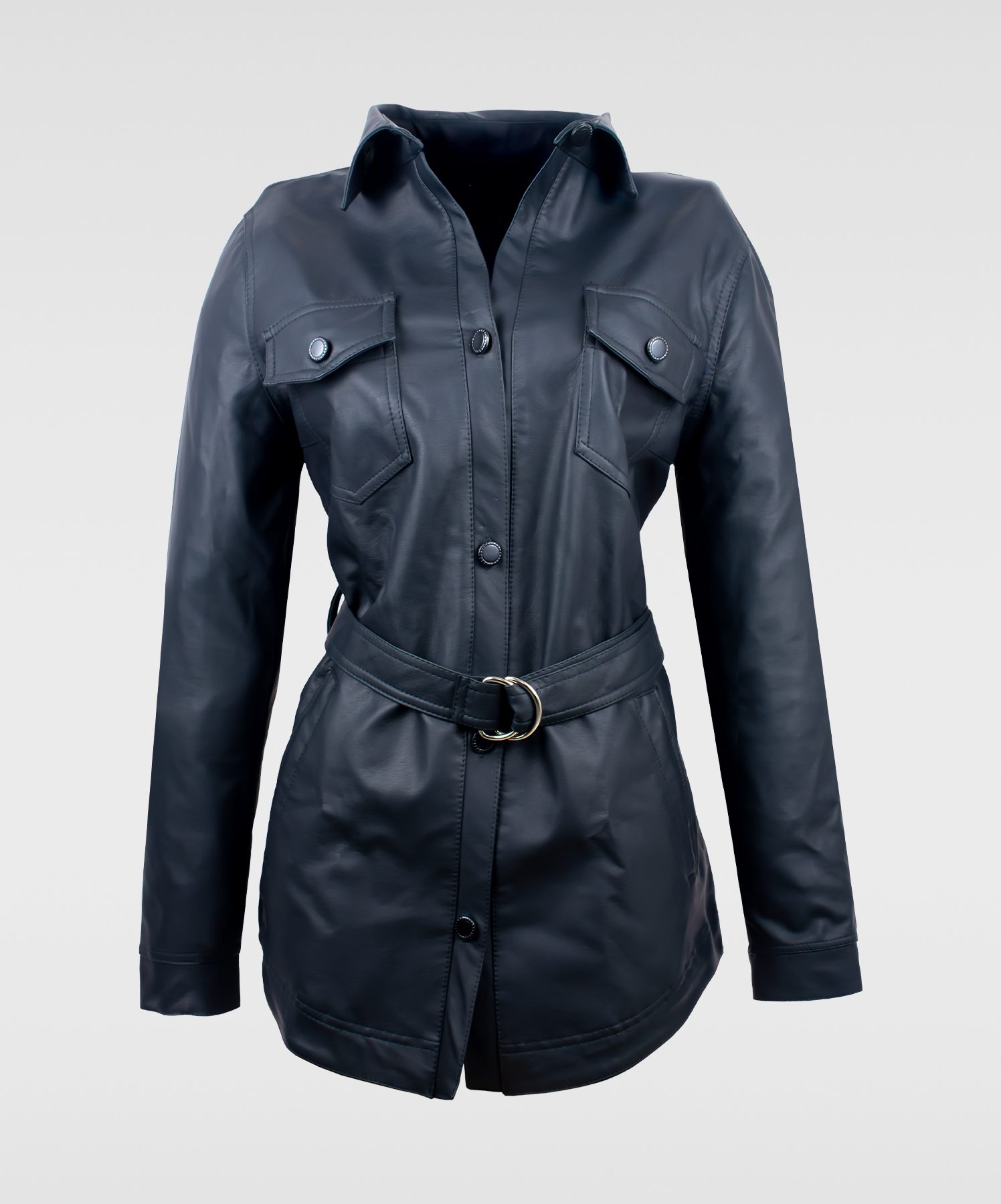 Chaqueta gabán camisero mujer en cuerotex negro con diseño largo 3/4