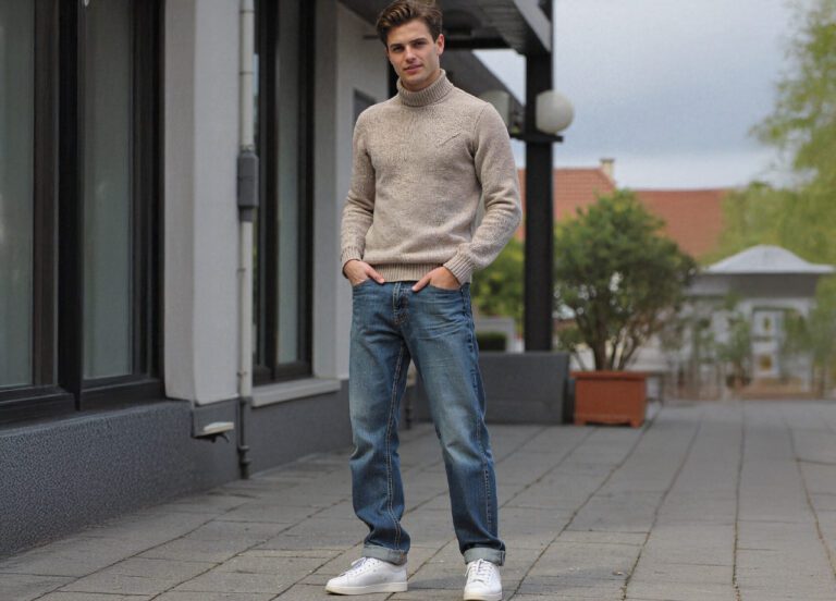 buzo cuello tortuga sueter cuello alto outfit con jeans rectos y tennis