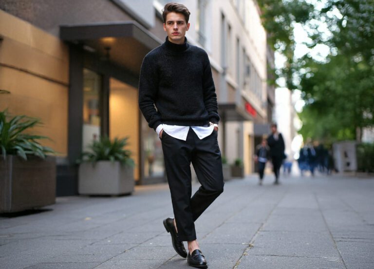 outfit buzo cuello tortuga sobre una camisa blanca y pantalones e vestir - sueter cuello alto