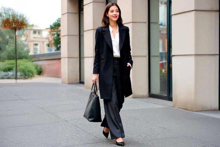 outfit para mujer Gabán negro hasta la rodilla, corte entallado y tacones
