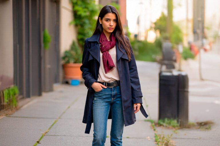 putfit para mujer con gaban gabardina azul, jeans y bufanda
