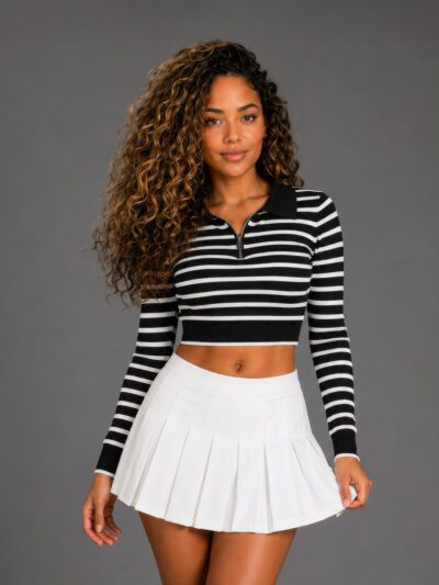 Buzo Saco Cuello Polo Cremallera Manga Larga Raya Para Mujer